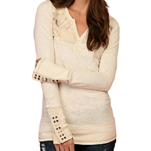 Free People Studded Stud Cuff Patchwork Henley - Picture 1 of 4